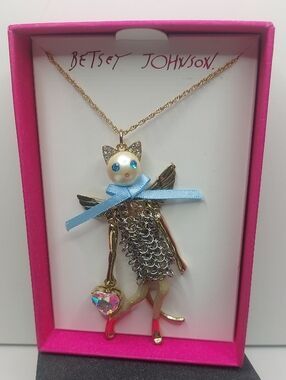 Betsey Johnson Gold Toned Rhinestone Articulated Whimsical Cat Pendant Necklace